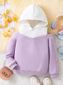 SHEIN Tween Girl Two Tone Cold Shoulder Hoodie - Multicolor - View 1