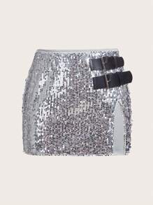 SHEIN ICON Chi tiết nút buộc Viền chia cắt Kim sa Váy - Bạc - Xem 3