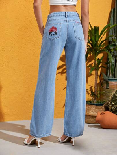FURNANDA Frida Kahlo X SHEIN X Designer 花卉印花寬腿牛仔褲