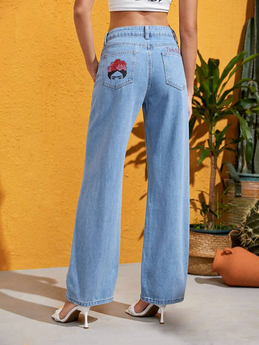 FURNANDA Frida Kahlo X SHEIN X Designer Floral Print Wide Leg Jeans - Light Wash - View 1