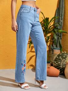 FURNANDA Frida Kahlo X SHEIN X Designer Floral Print Wide Leg Jeans - Light Wash - View 2