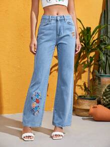 FURNANDA Frida Kahlo X SHEIN X Designer Floral Print Wide Leg Jeans - Light Wash - View 3