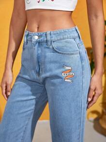 FURNANDA Frida Kahlo X SHEIN X Designer Floral Print Wide Leg Jeans - Light Wash - View 4