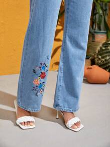 FURNANDA Frida Kahlo X SHEIN X Designer Floral Print Wide Leg Jeans - Light Wash - View 5