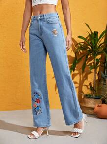 FURNANDA Frida Kahlo X SHEIN X Designer Floral Print Wide Leg Jeans - Light Wash - View 6
