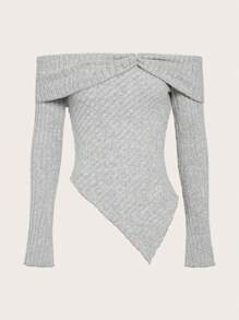 SHEIN ICON Off Shoulder Viền không đối xứng Áo thun - Màu Xám nhạt - Xem 1