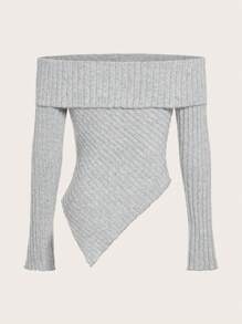 SHEIN ICON Off Shoulder Viền không đối xứng Áo thun - Màu Xám nhạt - Xem 2