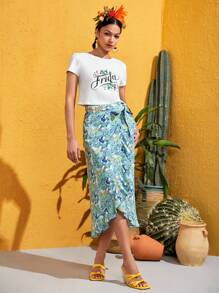 FURNANDA Frida Kahlo X SHEIN X Designer 印花荷葉邊側繫帶圍裹下擺半身裙 - 彩色 - 查看 1