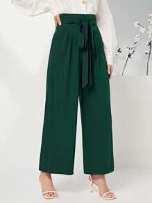 Modelyn 高腰腰帶闊腿褲 - 墨綠色 - 查看 1