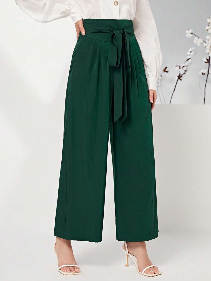 Modelyn 高腰腰帶闊腿褲 - 墨綠色 - 查看 1