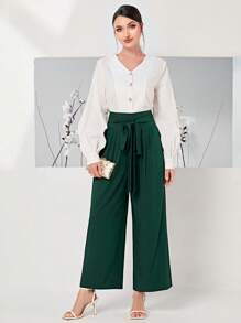 Modelyn 高腰腰帶闊腿褲 - 墨綠色 - 查看 3