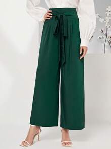 Modelyn 高腰腰帶闊腿褲 - 墨綠色 - 查看 5