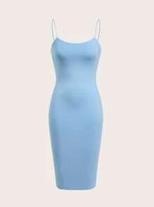 SHEIN BASICS Vestido ajustado de tirantes unicolor - Celeste - Ver 1