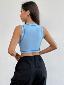 SHEIN EZwear Khâu trên cùng Crop Tank Top - Màu xanh lam - Xem 2