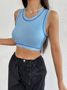 SHEIN EZwear Khâu trên cùng Crop Tank Top - Màu xanh lam - Xem 5