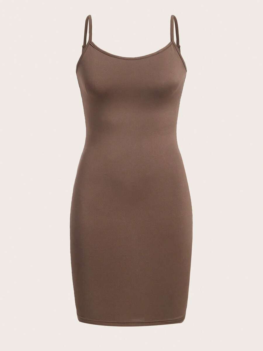 SHEIN BASICS 素色吊帶緊身連衣裙 - 摩卡棕 - 查看 1