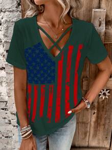 EMERY ROSE 國旗圖案前交叉T恤 - 墨綠色 - 查看 1