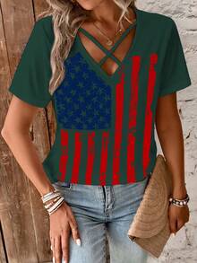 EMERY ROSE 國旗圖案前交叉T恤 - 墨綠色 - 查看 5