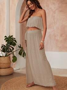 Swim Vcay Summer Beach Plain Bandeau Cover Up Set - Khaki - View 4