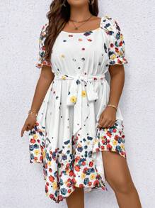 SHEIN LUNE 大碼印花泡泡袖繫腰帶連衣裙 - 白色 - 查看 1