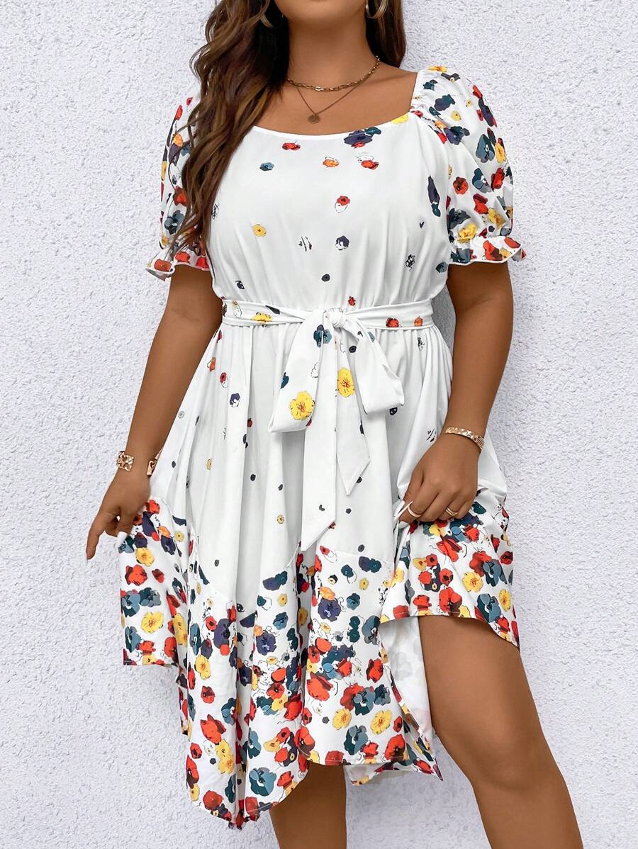 SHEIN LUNE 大碼印花泡泡袖繫腰帶連衣裙 - 白色 - 查看 1
