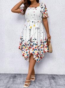 SHEIN LUNE 大碼印花泡泡袖繫腰帶連衣裙 - 白色 - 查看 3