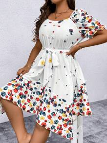 SHEIN LUNE 大碼印花泡泡袖繫腰帶連衣裙 - 白色 - 查看 4