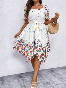 SHEIN LUNE 大碼印花泡泡袖繫腰帶連衣裙 - 白色 - 查看 5