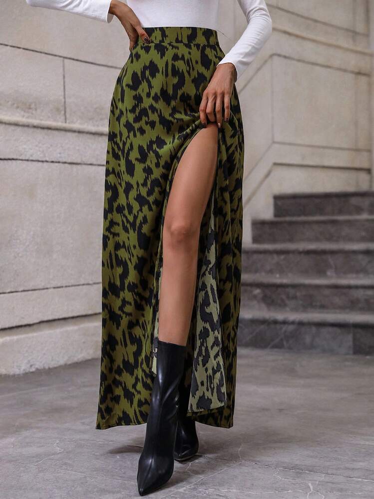Pariaura Allover Print Split Thigh Women Skirt - Olive Green - View 1