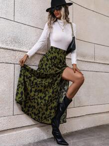 Pariaura 满版印花开叉大腿长裙女装 - 橄欖綠 - 查看 4