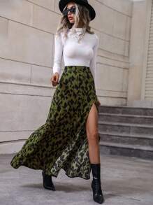 Pariaura 满版印花开叉大腿长裙女装 - 橄欖綠 - 查看 6