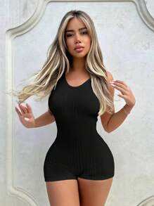 SHEIN ICON Solid Unitard Romper - Black - View 1