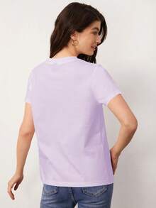 SHEIN BASICS Chất rắn Vòng cổ Áo thun - Màu Lilac Tím - Xem 2