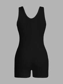 SHEIN ICON Solid Unitard Romper - Black - View 4