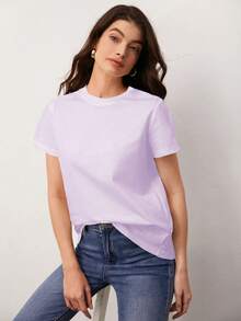 SHEIN BASICS Chất rắn Vòng cổ Áo thun - Màu Lilac Tím - Xem 4