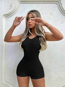 SHEIN ICON Solid Unitard Romper - Black - View 6