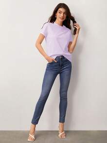 SHEIN BASICS Chất rắn Vòng cổ Áo thun - Màu Lilac Tím - Xem 5