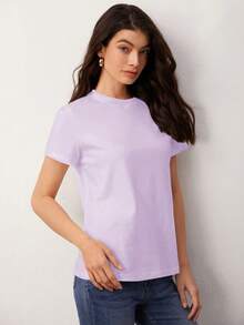 SHEIN BASICS Chất rắn Vòng cổ Áo thun - Màu Lilac Tím - Xem 6