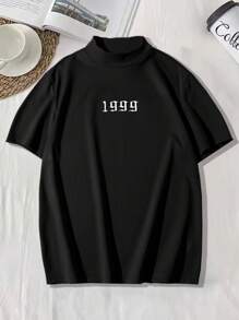 Manfinity Roughcore Men Plus Size Letter Graphic Mock Neck Casual Short Sleeve Tee, For Going Out