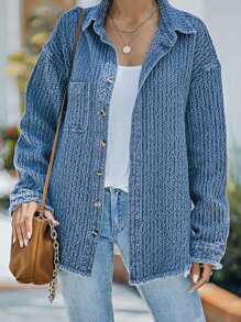 Drop Shoulder Raw Cut Denim Coat - Medium Wash - View 1