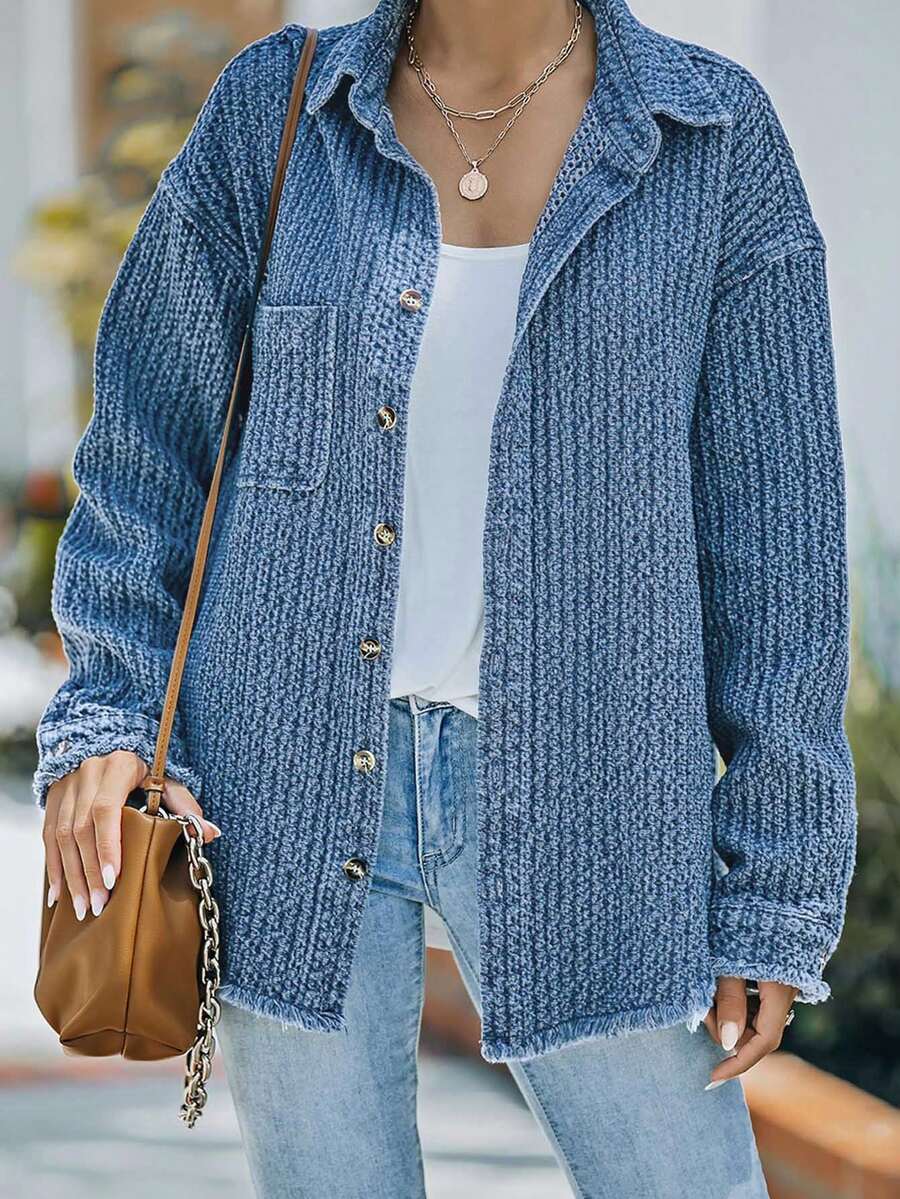 Drop Shoulder Raw Cut Denim Coat - Medium Wash - View 1