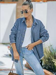 Drop Shoulder Raw Cut Denim Coat - Medium Wash - View 4