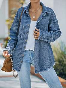 Drop Shoulder Raw Cut Denim Coat - Medium Wash - View 6