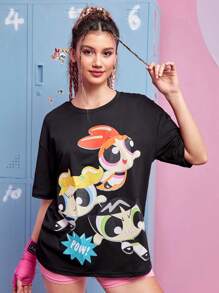 The Powerpuff Girls | ROMWE Áo thun nữ Hoạt hình Lá thư Giải trí - màu đen - Xem 1