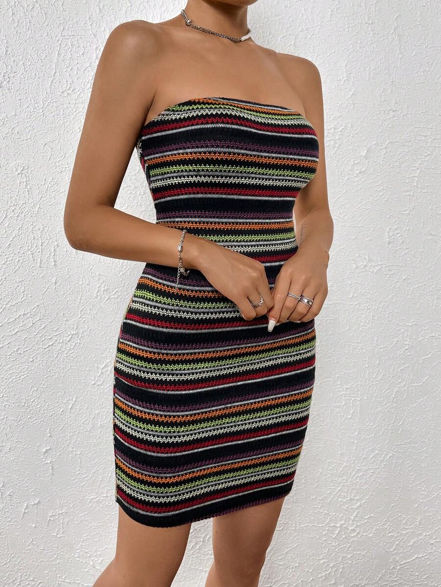 SHEIN Privé Striped Print Tube Bodycon Dress - Black - View 1