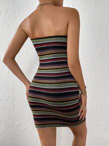 SHEIN Privé Striped Print Tube Bodycon Dress - Black - View 2