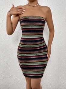 SHEIN Privé Striped Print Tube Bodycon Dress - Black - View 6