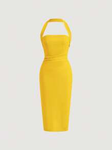 Firerie Solid Halter Neck Backless Dress - Yellow - View 2