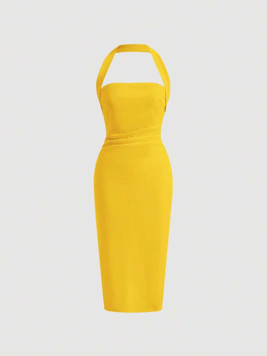 Firerie Solid Halter Neck Backless Dress