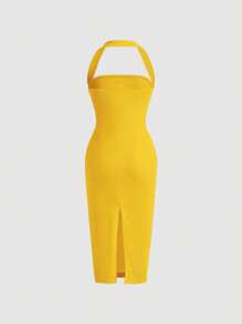 Firerie Solid Halter Neck Backless Dress - Yellow - View 3